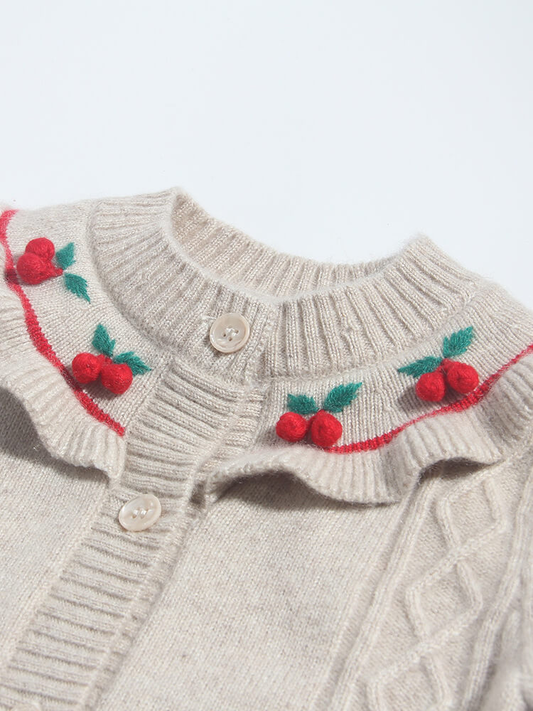 Ruffled Collar Cherry Embroidery Button-Front Cashmere Cardigan